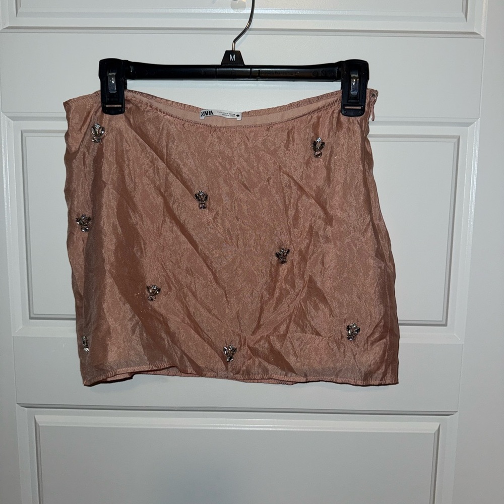 Zara Blush-Beige Embellished Mini Skirt